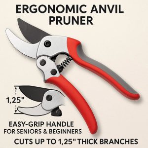 Ergonomic Anvil Pruner - Easy-Grip Handle for Seniors & Beginners, Cuts Up to 1.25" Thick Branches